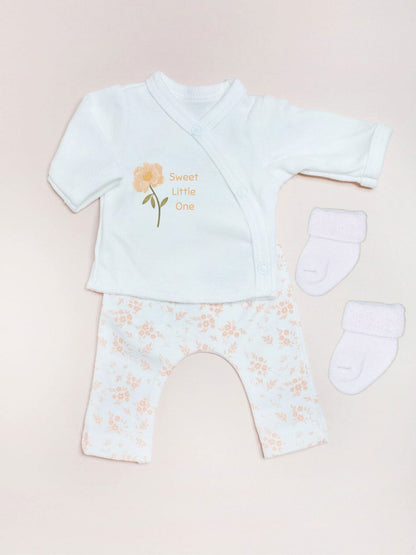 2 Piece Cream wrap top with 'Sweet Little One' Motif & Apricot Floral trouser set, Organic Cotton Top & Trousers Tiny & Small 