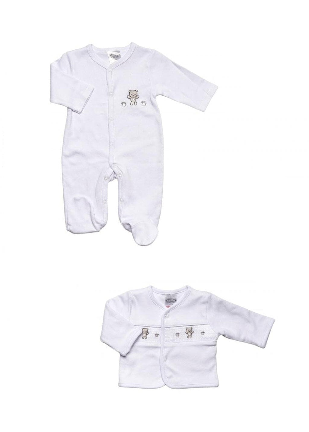 A two-piece baby clothing set on a white background, featuring a white long-sleeve footed sleeper with a small embroidered bear on the chest, and a matching white long-sleeve cardigan with snap buttons and decorative bear embroidery.