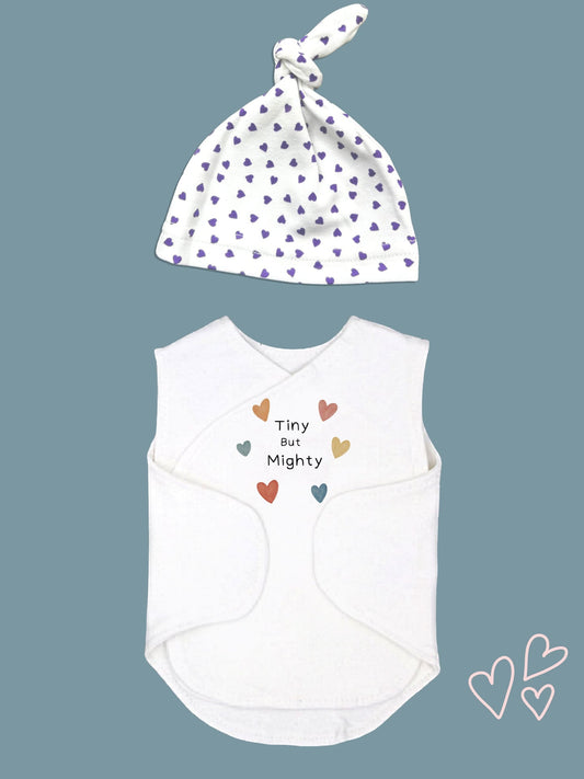 "Tiny But Mighty" incubator vest with heart print knotted hat for premature babies, front view