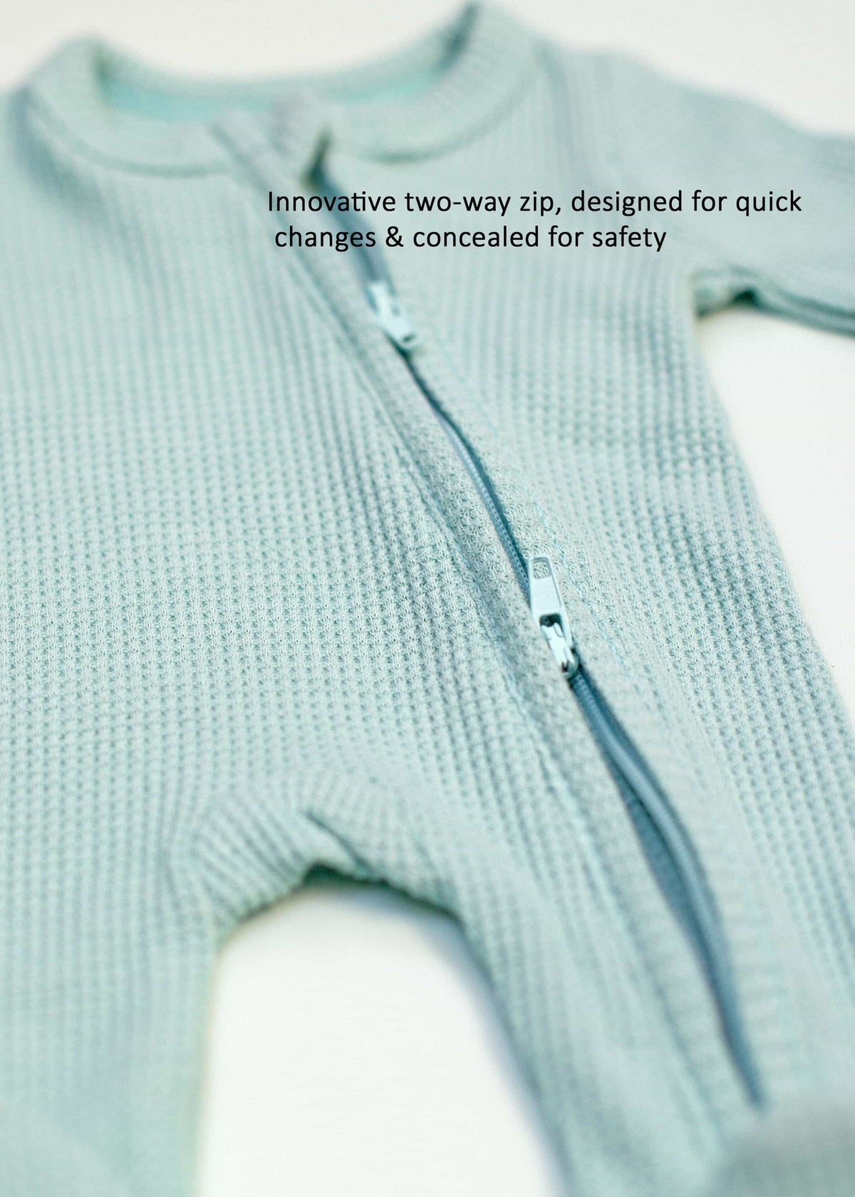 2 pack waffle sleepsuits in mint and blue by Little Dreamer, both laid flat