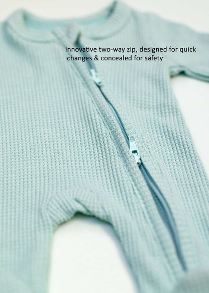 2 pack waffle sleepsuits in mint and blue by Little Dreamer, both laid flat