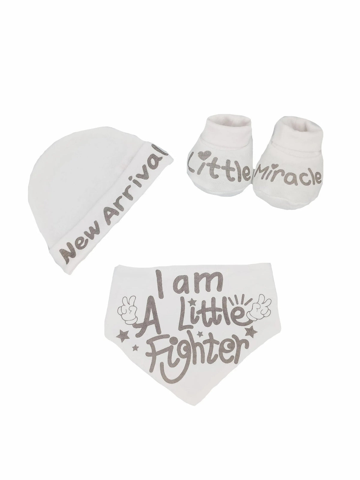"Little Miracle" 3 piece hat, bib and booties gift set in white by Soft Touch